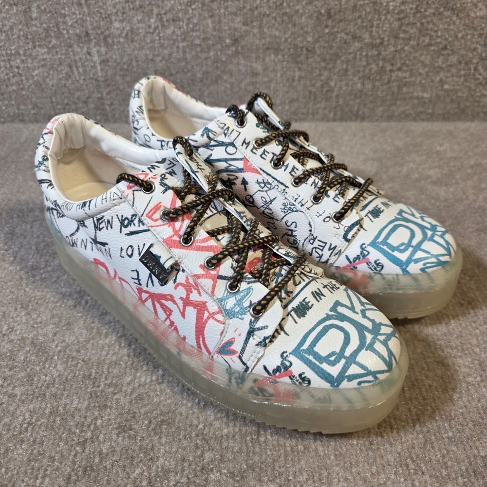 DKNY Graffiti Print Leather Platform Sneakers White Multi K1044522 Womens 9.5M